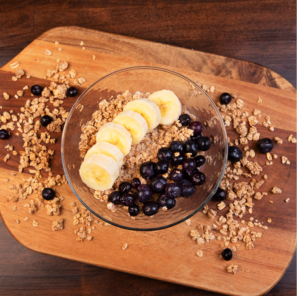 Crunchy granola emergency snack pouch prepared on a cutting board