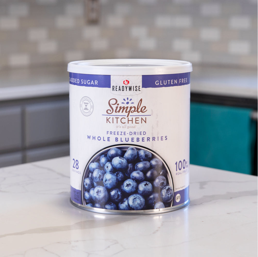 #10 can of freeze dried blueberries from Readywise Emergency Food Supply in a kitchen