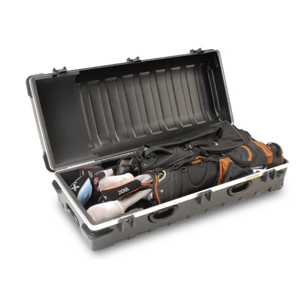 hard travel golf case for two golf bags open