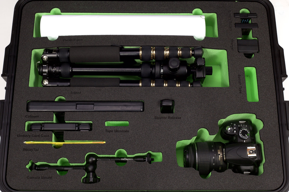 Camera kit and tripod in two-tone custom-cut foam