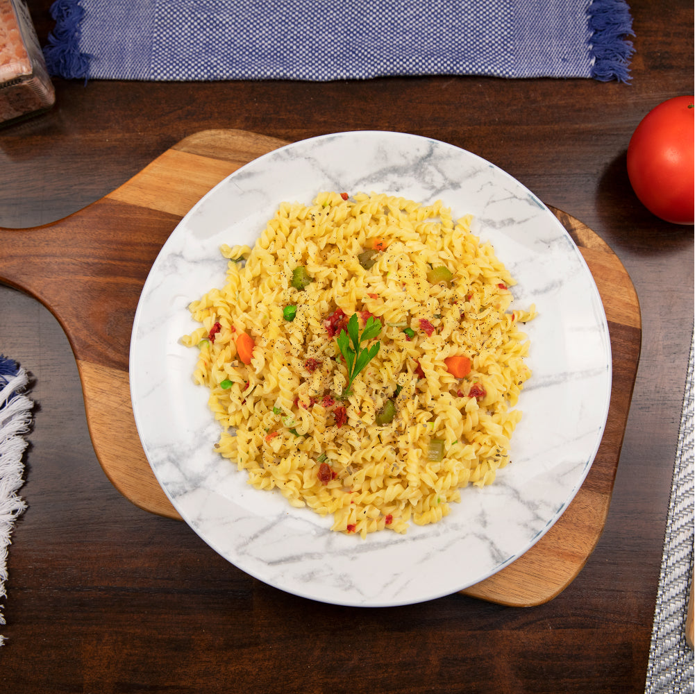 Creamy Pasta and Veggies from Readywise Emergency Food Supply prepared on a plate