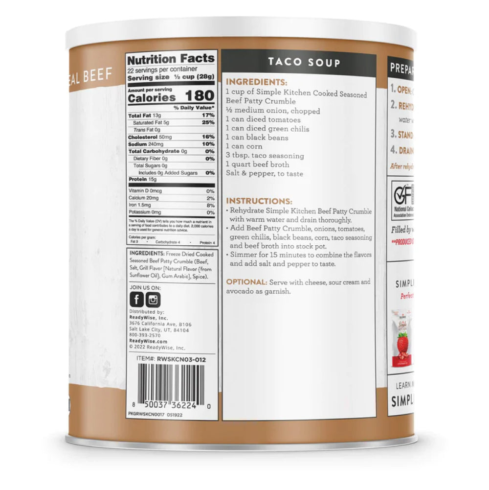 Nutrition facts of #10 can of freeze dried beef patty crumbles from ReadyWise Emergency Food Supply