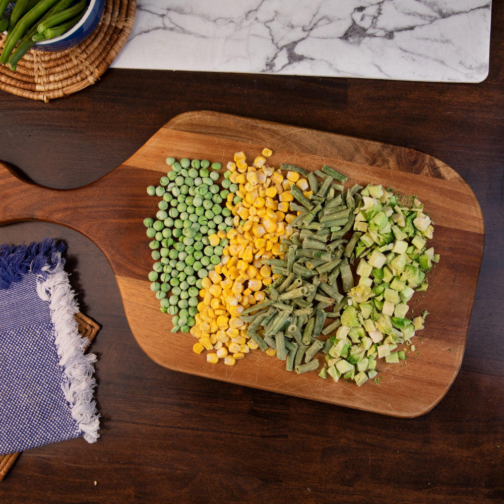 Freeze dried corn, peas, green beans, and broccoli