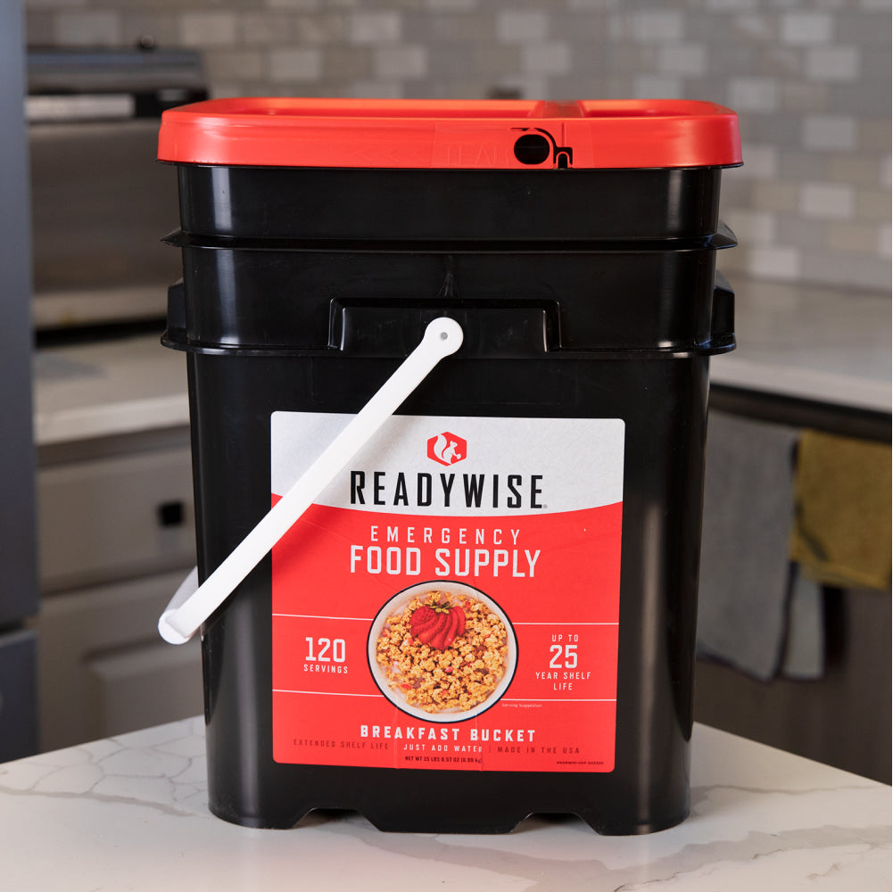 Readywise Emergency Food Supply 120-serving breakfast bucket in the Kitchen