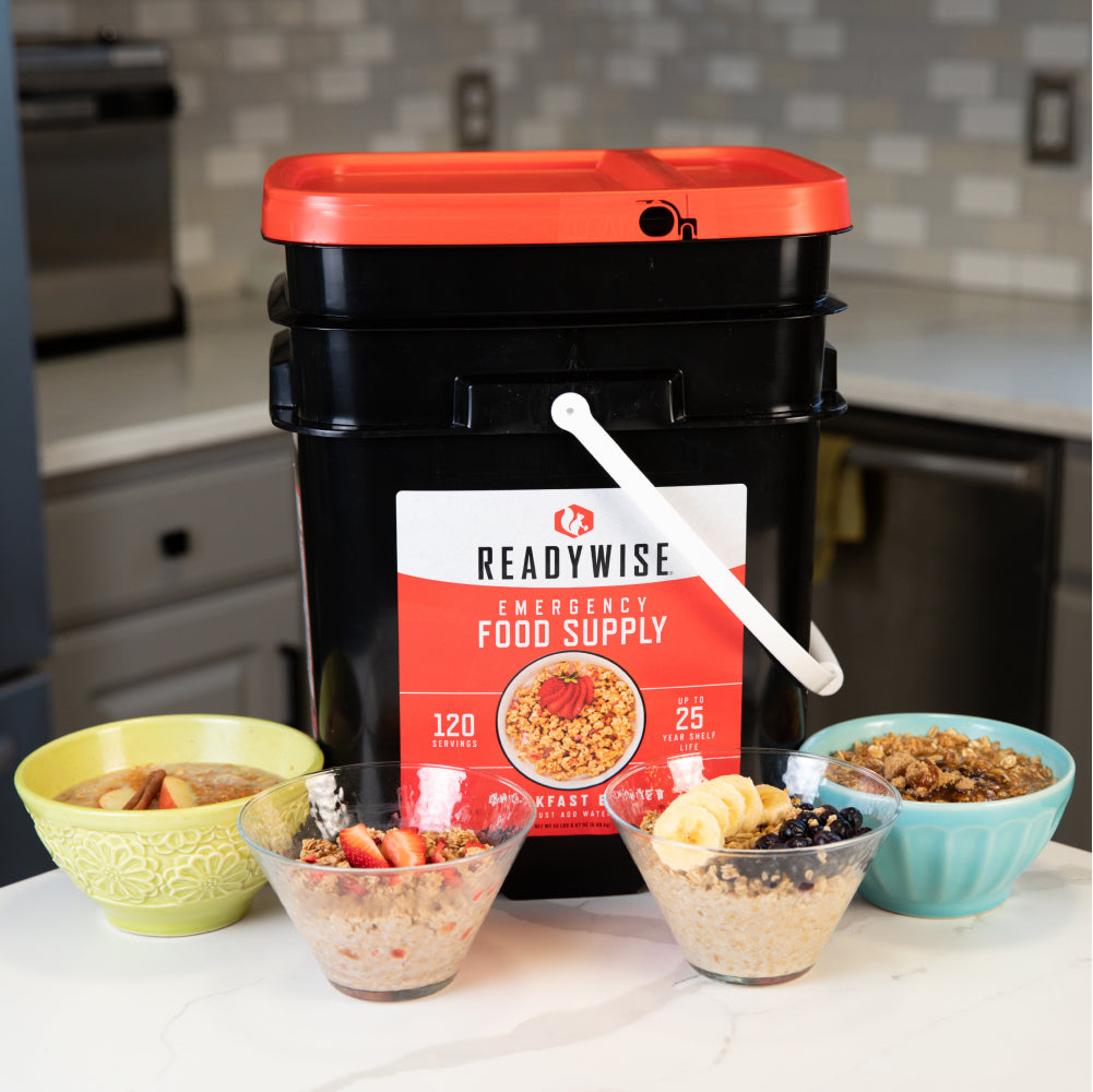 The Readywise Mixed Cereal &amp; Granola Bucket with food prepared in bowls