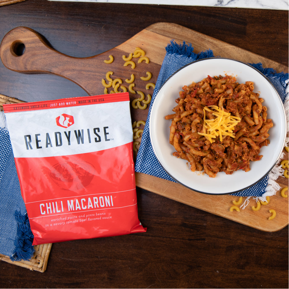 Readywise Emergency Food Supply&#39;s Chili Mac prepared on a plate