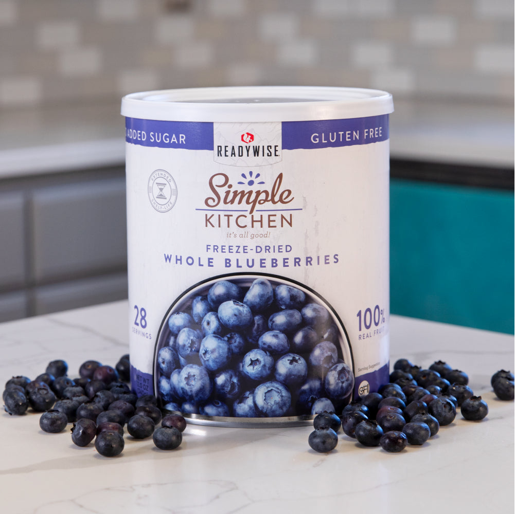 #10 can of freeze dried blueberries from Readywise Emergency Food Supply in a kitchen