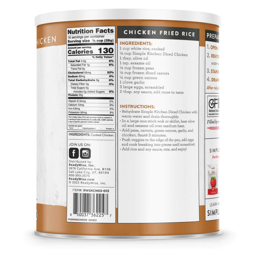 Nutrition facts of a #10 can of freeze dried chicken from ReadyWise Emergency Food Supply