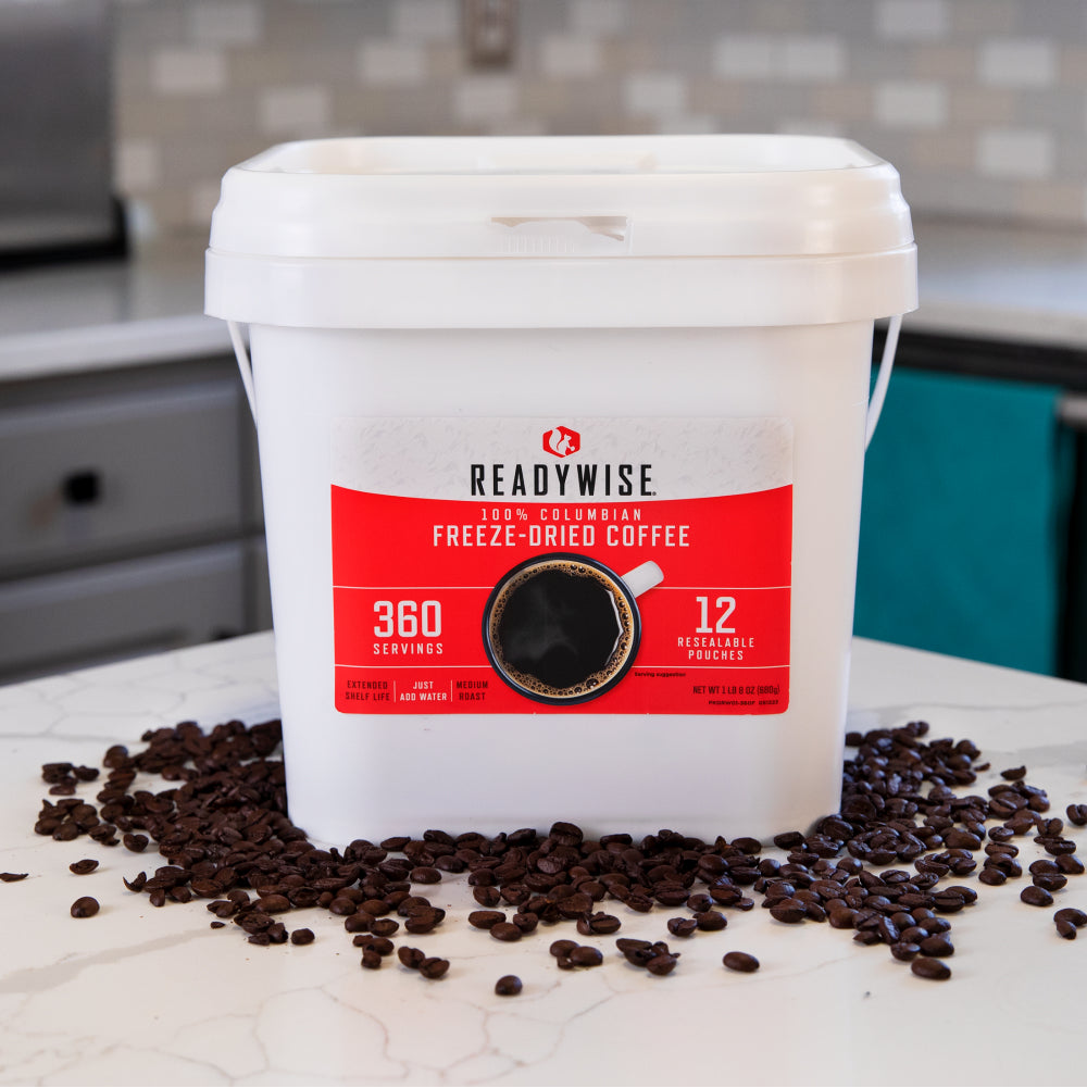 Bucket of freeze dried coffee from Readywise Emergency Food Supply