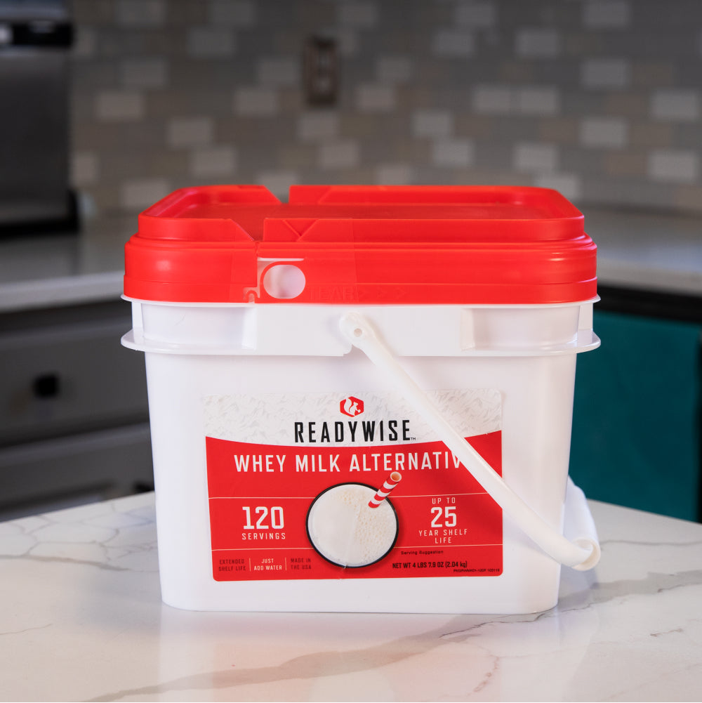 Powdered whey milk alternative in a Readywise Emergency Food Supply bucket