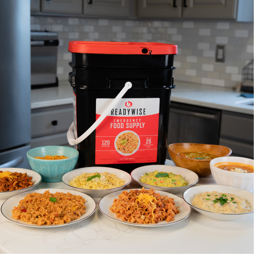 Readywise 120 Serving Meal Bucket with food prepared