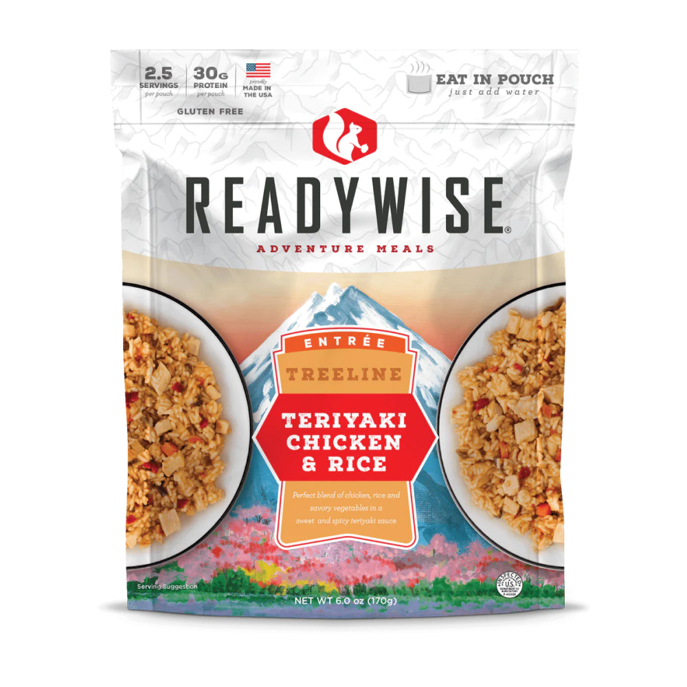 A single pouch of Readywise Teriyaki Chicken and Rice